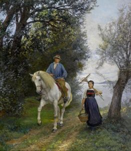 Reiter und Bauerin an einem See