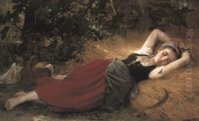 A young peasant girl sleeping Oil Painting by Leon Bazille Perrault