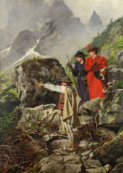 At the Morskie Oko Lake (Tourists in the Tatra Mountains) Oil Painting by Walery Eljasz Radzikowski