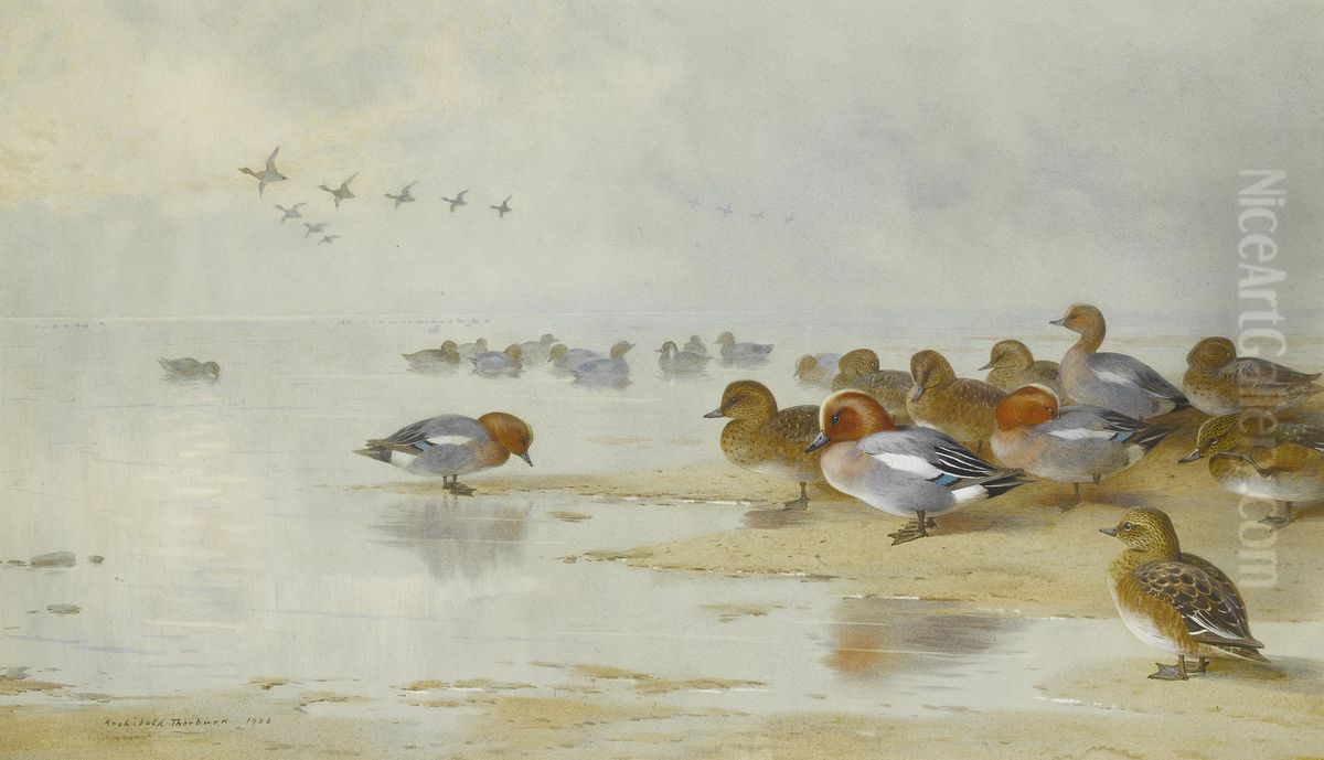 Wigeon and Teal by the water's edge. Oil Painting by Archibald Thorburn