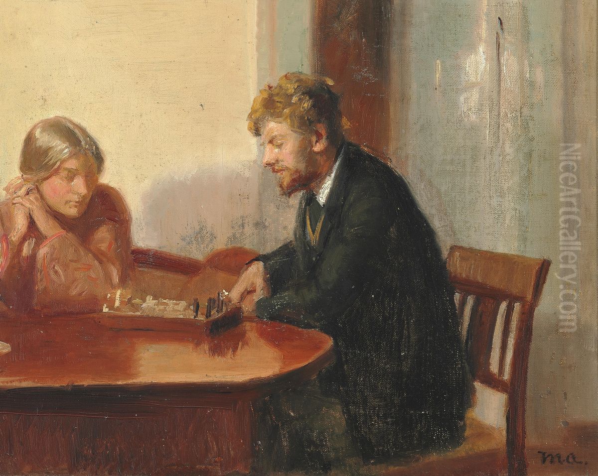 Engel Saxild og Henry Madsen spiller skak i Sydstuen i Anchers Hus. Oil Painting by Michael Peter Ancher