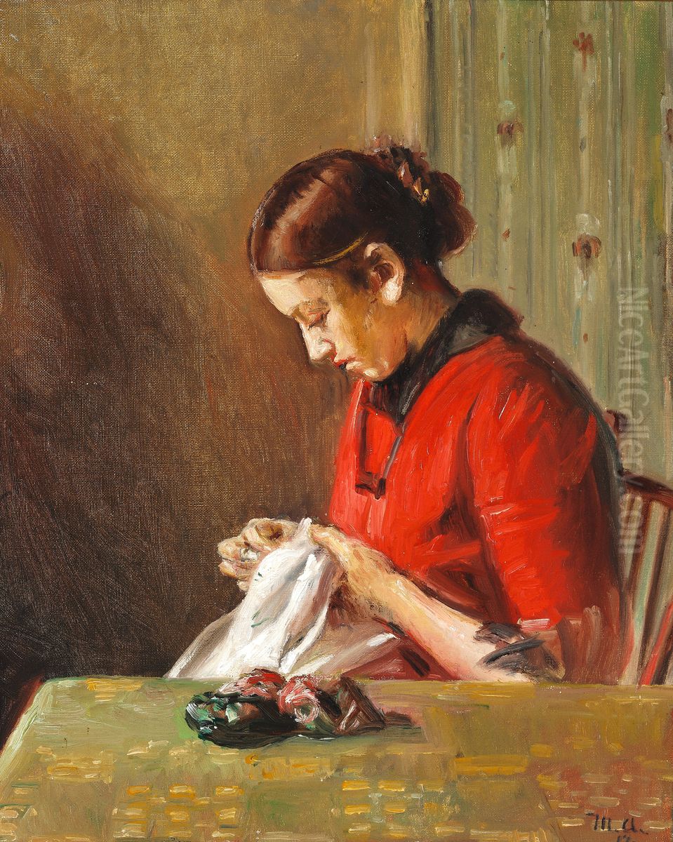 Ved sytojet. Oil Painting by Michael Peter Ancher