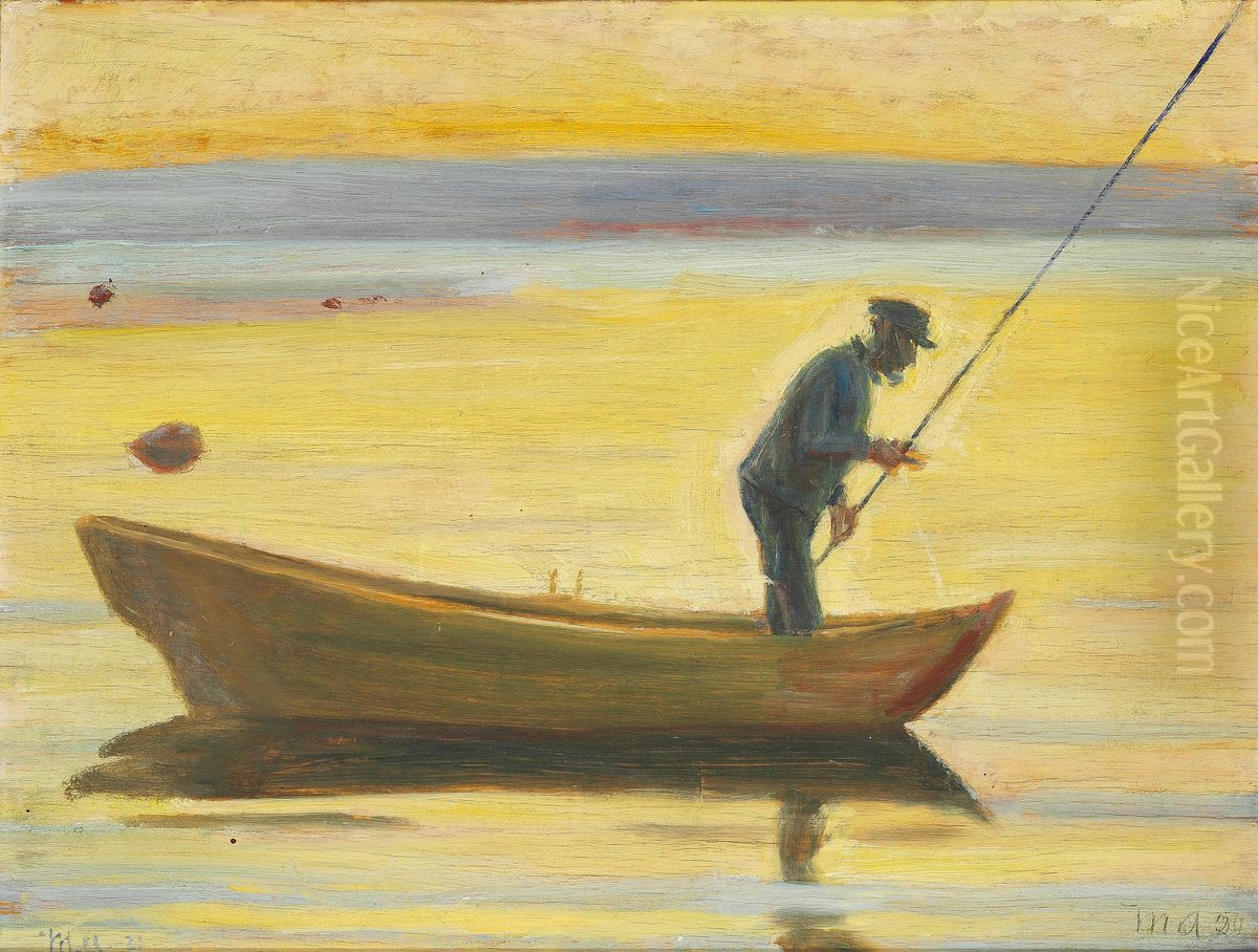 Gammel mand fisker fra bad. Oil Painting by Michael Peter Ancher