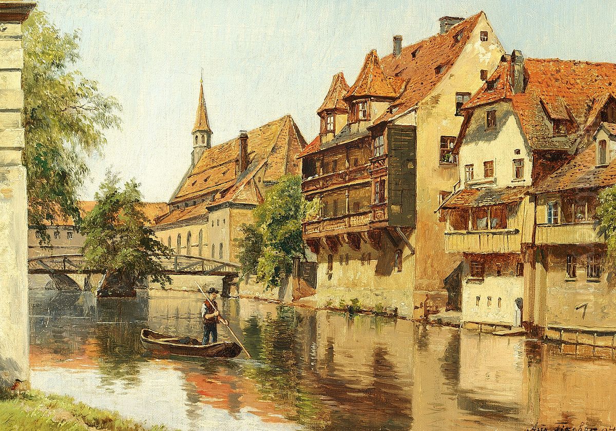 A man in a boat in a German town. Oil Painting by August Fischer