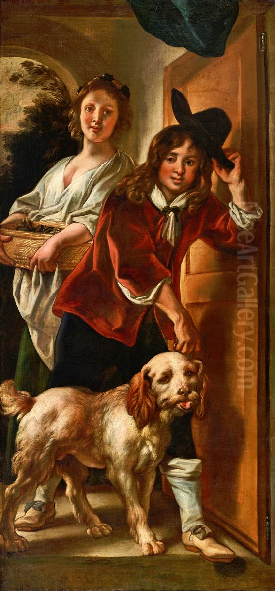 Trompe l'oeil door piece of a maid, a boy taking off his hat and a dog Oil Painting by Jacob Jordaens