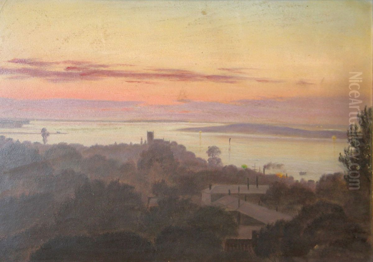 Saint John's Eve at Roskilde Fjord, seen from a window near the cathedral. Oil Painting by August Jerndorff