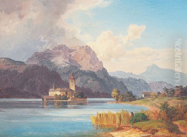 European river landscape with a monastery. Oil Painting by August Plum