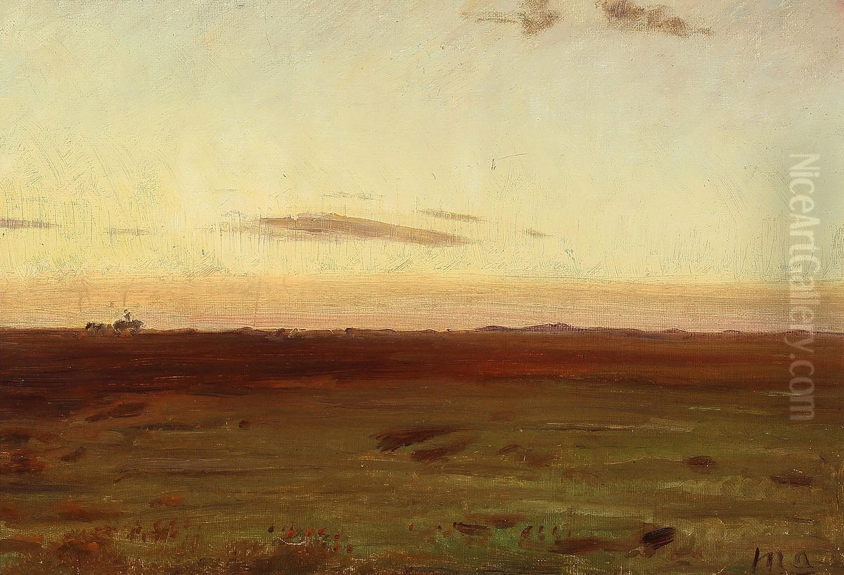 Udsigt over eng og klitter i aftensol. Oil Painting by Michael Peter Ancher