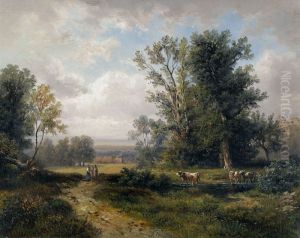 Paysage d'ete avec des femmes paysannes et des vaches