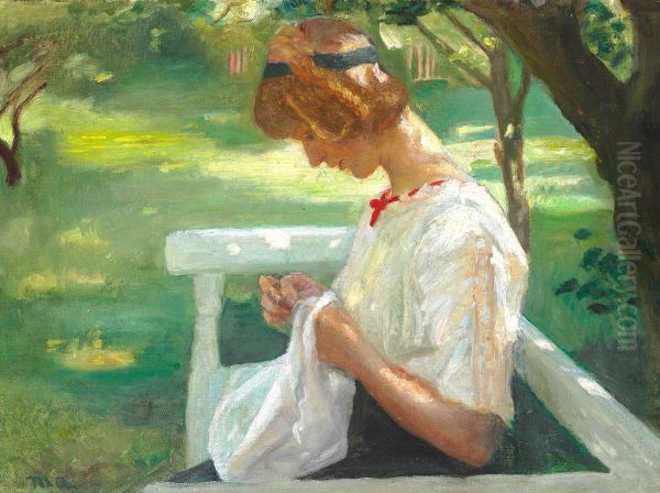 Ella Saxild ved sytojet i haven en sommerdag. Oil Painting by Michael Peter Ancher