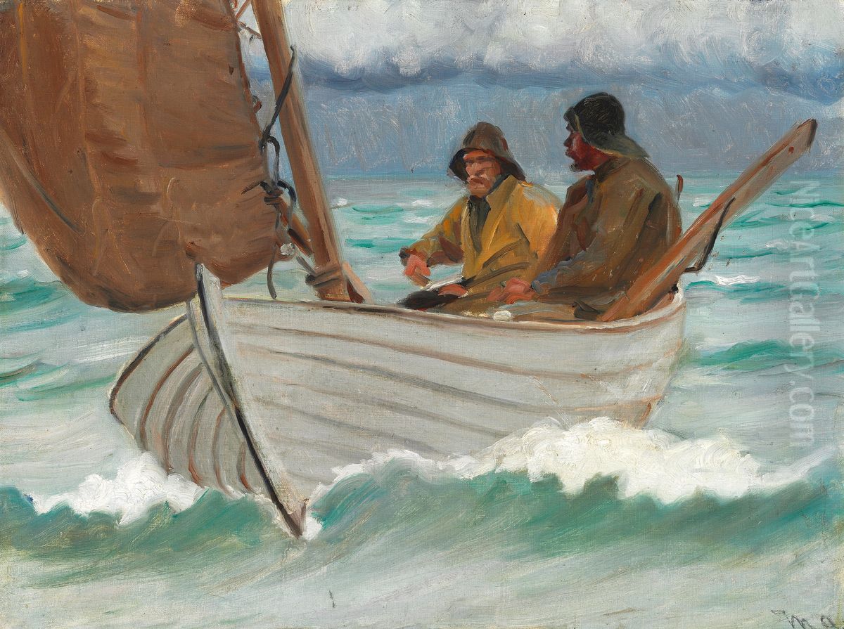 Two fishermen from Skagen in a sailing boat off the coast. Oil Painting by Michael Peter Ancher