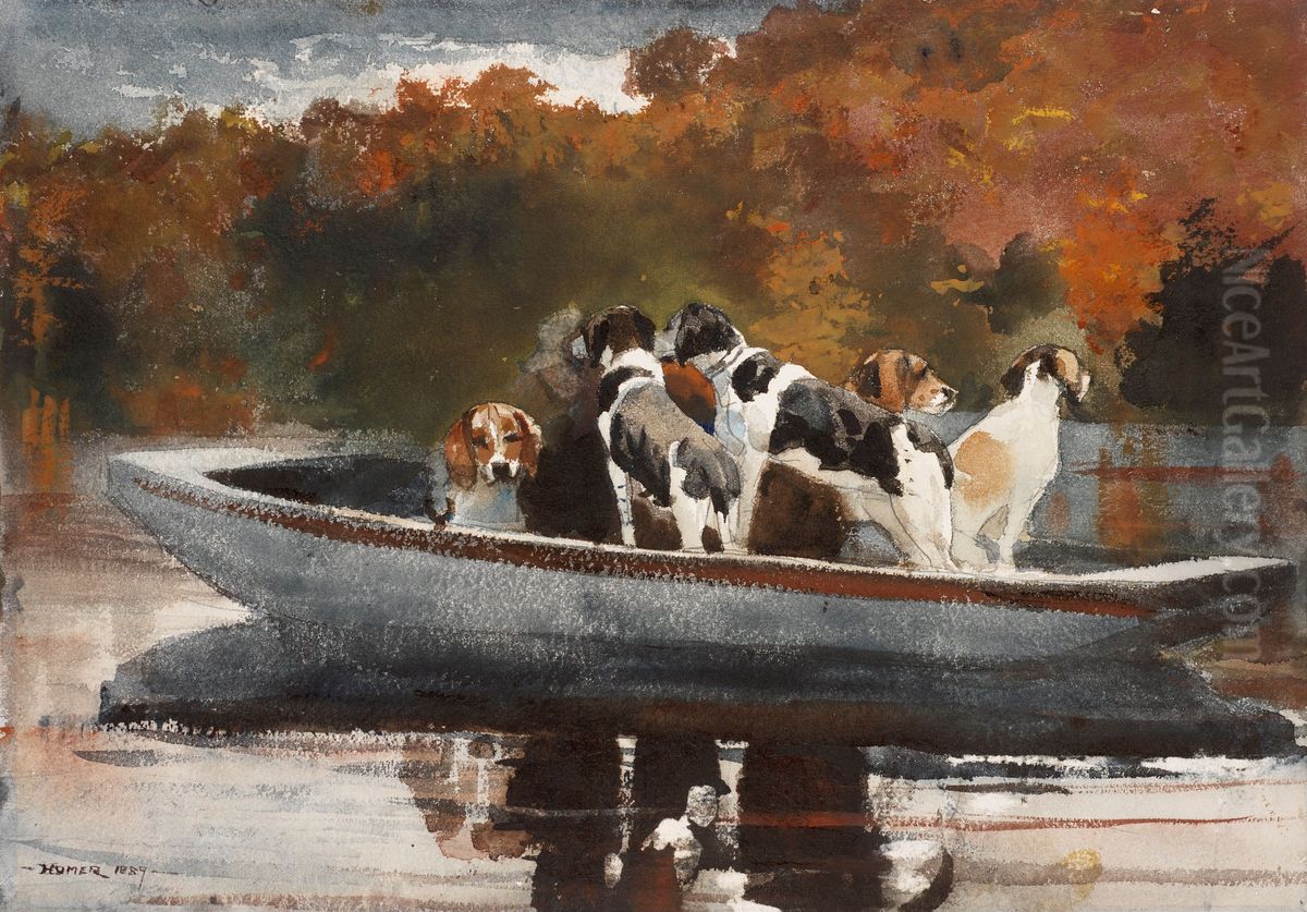Hunting Dogs in Boat (Waiting for the Start) Oil Painting by Winslow Homer