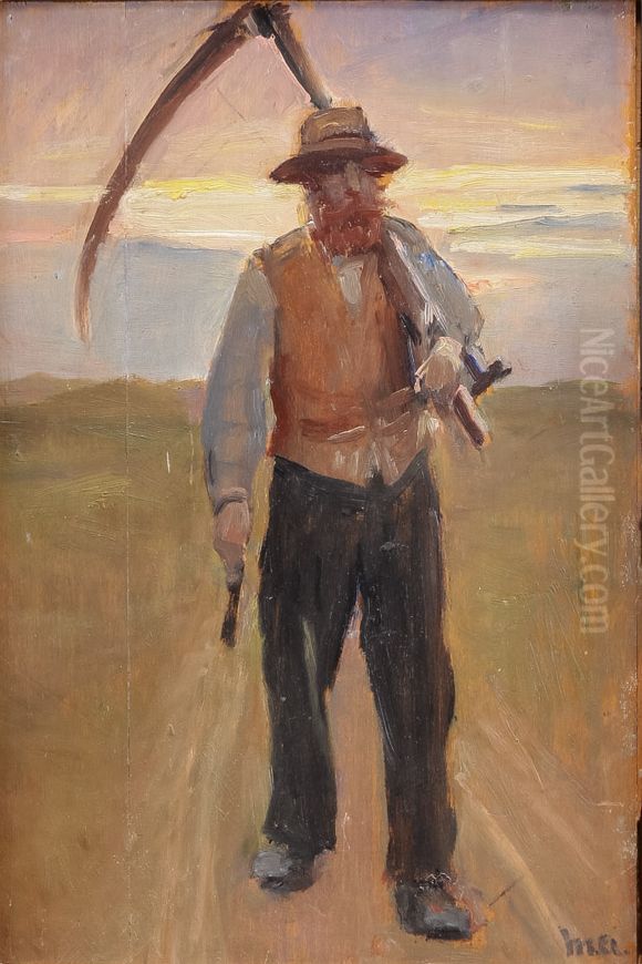 A farmer with a scythe. Oil Painting by Michael Peter Ancher