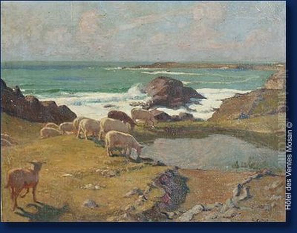 Moutons Au Bord De La Mer Oil Painting by Henri Callot