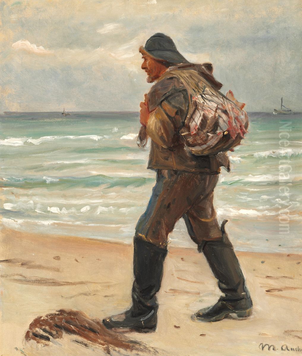 Gaende fisker pa stranden, med et net fyldt med fisk pa ryggen. Oil Painting by Michael Peter Ancher