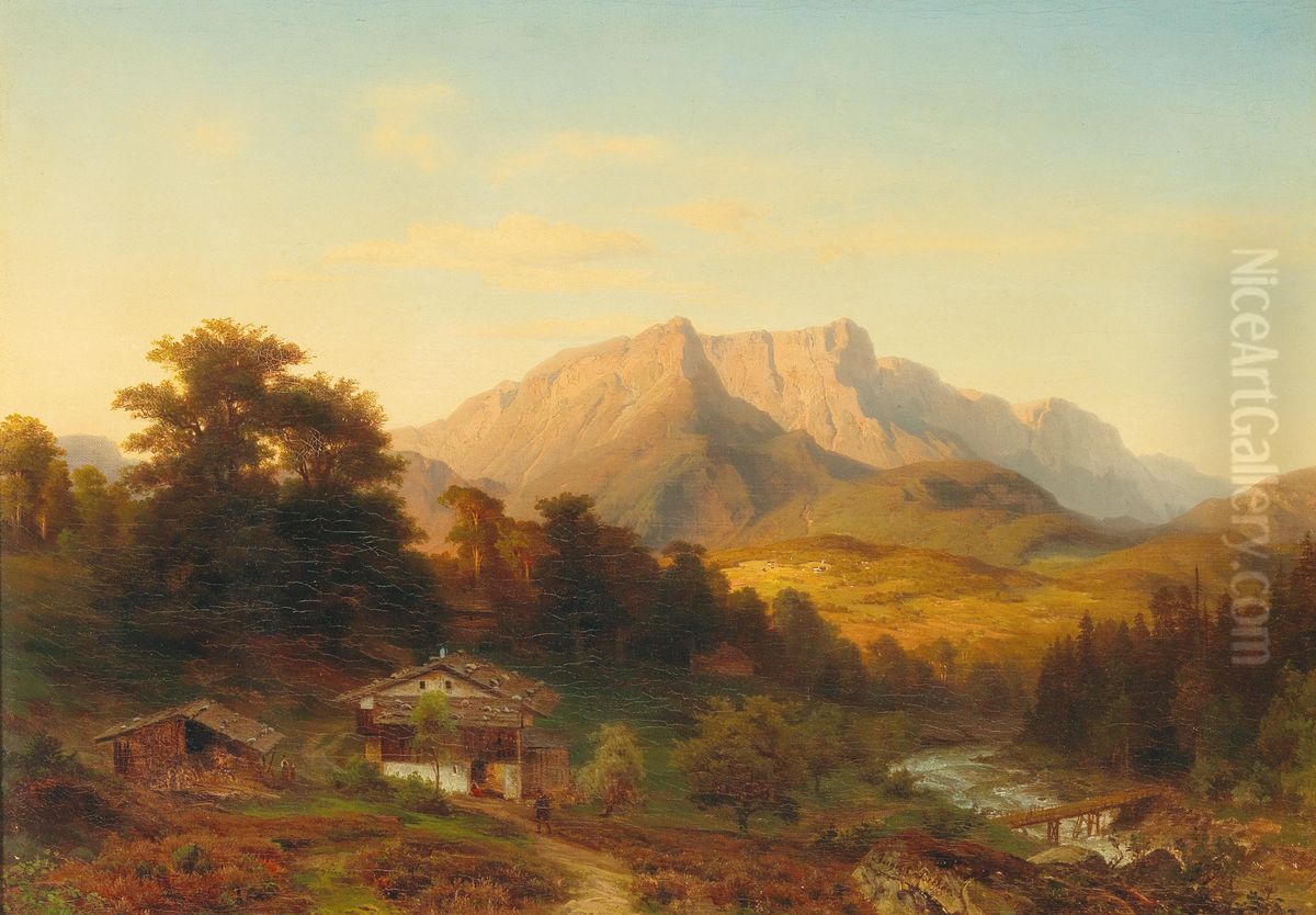 Blick auf den Untersberg im Abendlicht Oil Painting by August Becker