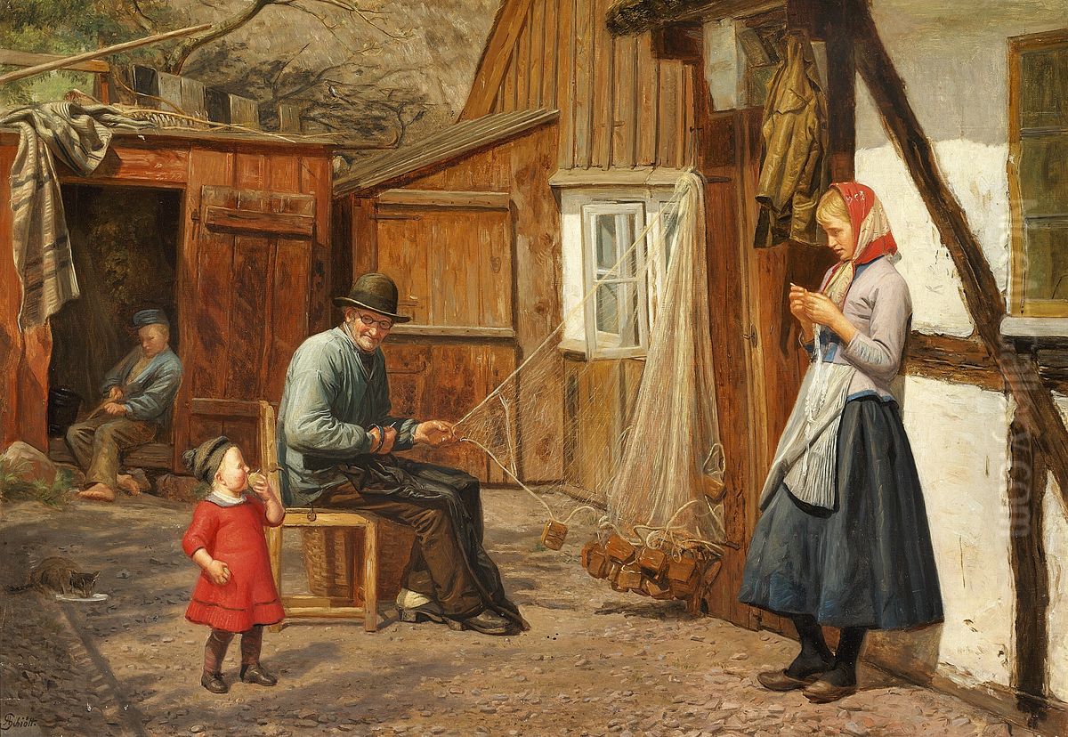 Young girl talking to a fisherman who is mending nets. Oil Painting by August Schiott Young girl talking to a fisherman who is mending nets. Oil Painting by August Schiott