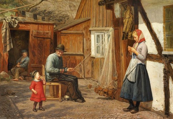 Young girl talking to a fisherman who is mending nets. Oil Painting by August Schiott