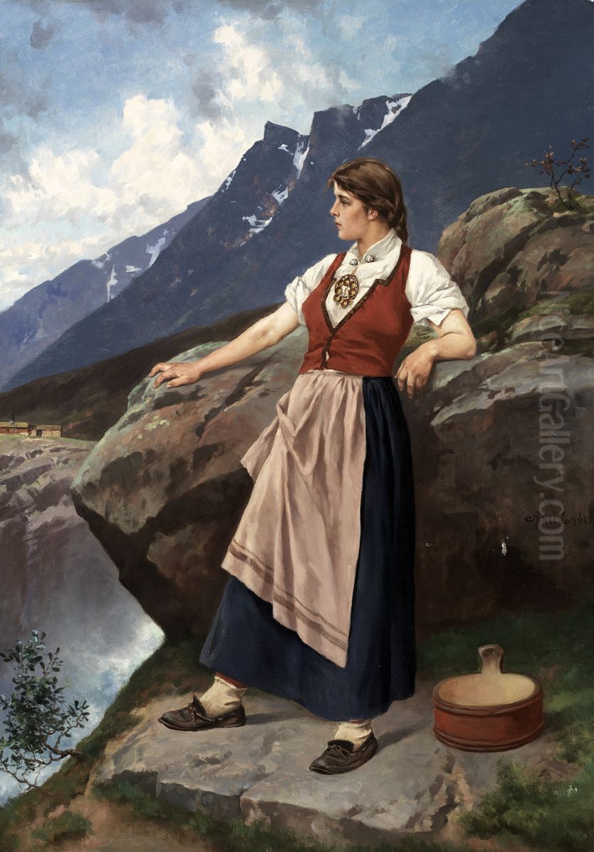 Kvinne ved utsiktpost Oil Painting by Axel Ender