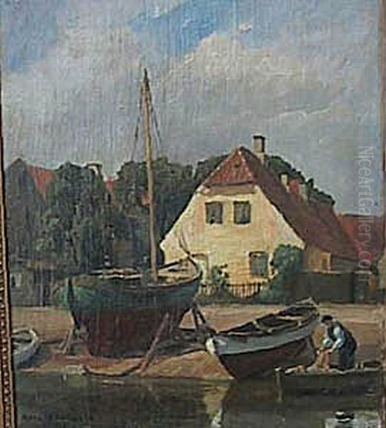 View from the port of Kastrup. Oil Painting by Axel Johansen