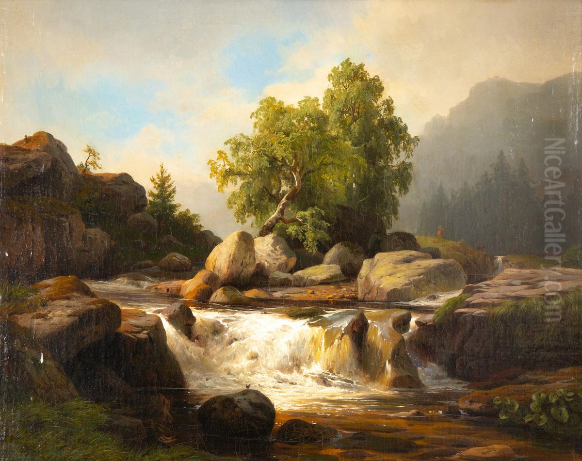 American Landscape with Waterfall Oil Painting by Hermann Fuechsel