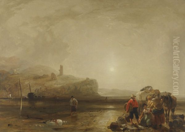 Coastal Scene with Figures Bargaining for Fish Oil Painting by Augustus Wall Callcott