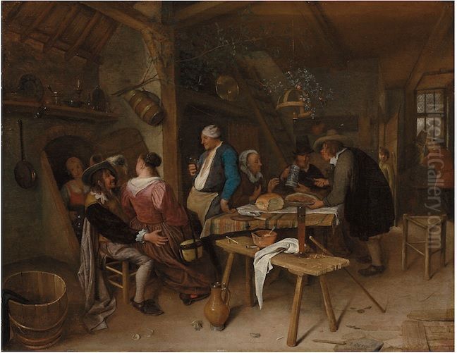 Merry company drinking and eating in a tavern Oil Painting by Jan Steen