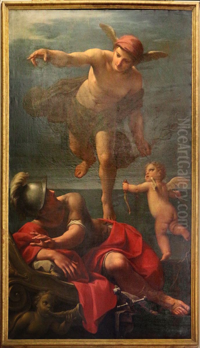 Mercury reminds Aeneas of his destiny Oil Painting by Marcantonio Franceschini)