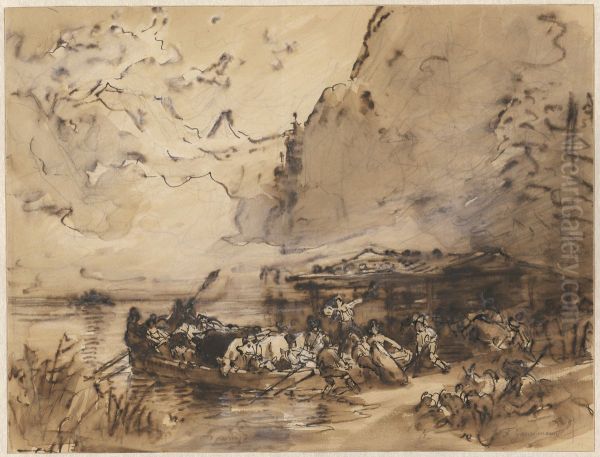 A Ferry on the Konigsee Oil Painting by Friedrich Gauermann