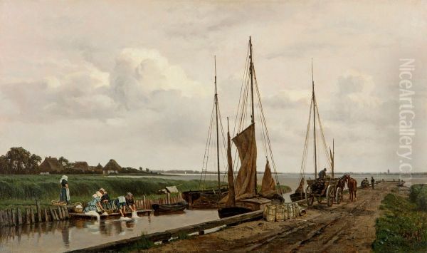Hafen von Wustrow mit Wascherinnen Oil Painting by Carl Malchin