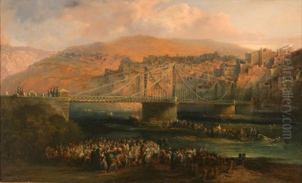 View of City of Fraga and its Hanging Bridge Oil Painting by Genaro Perez Villaamil
