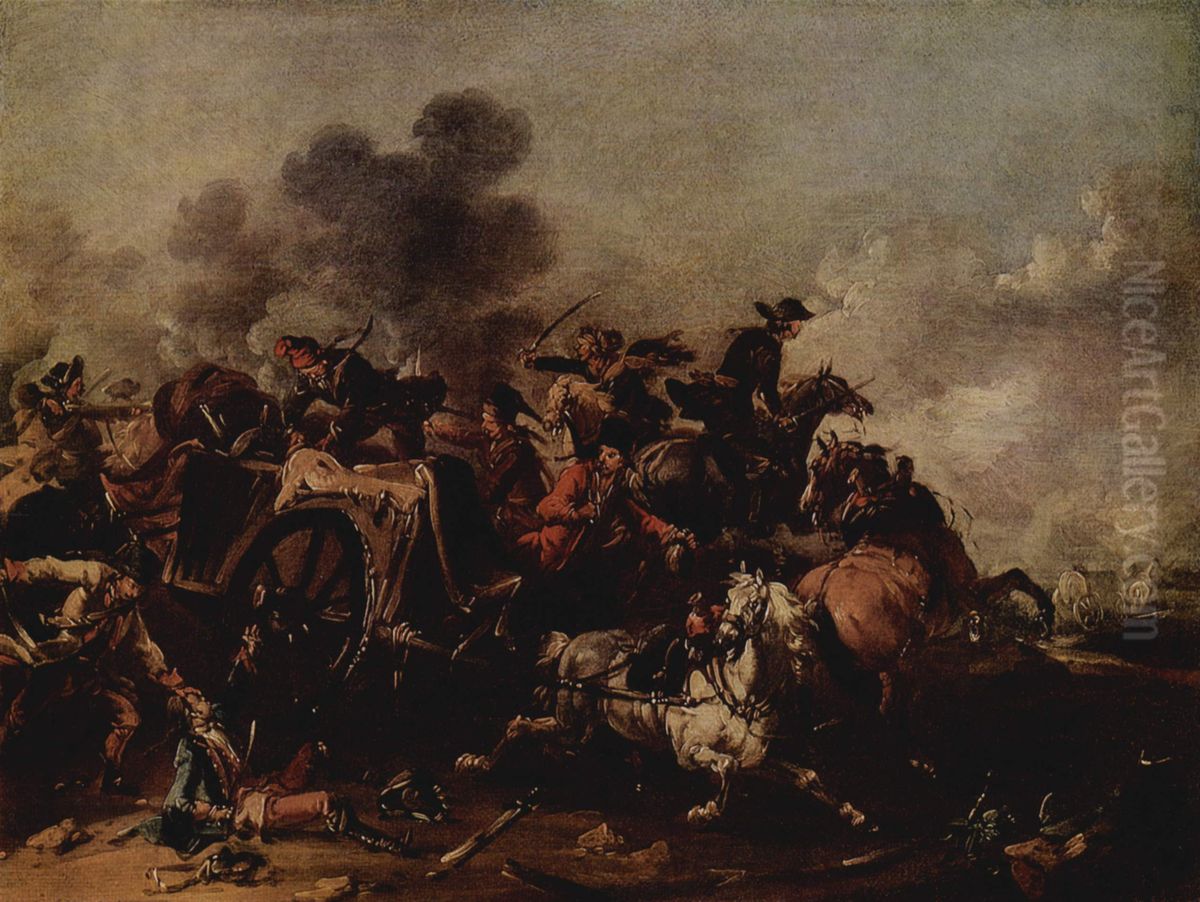 Reiterangriff auf einem Wagen Oil Painting by August Querfurt