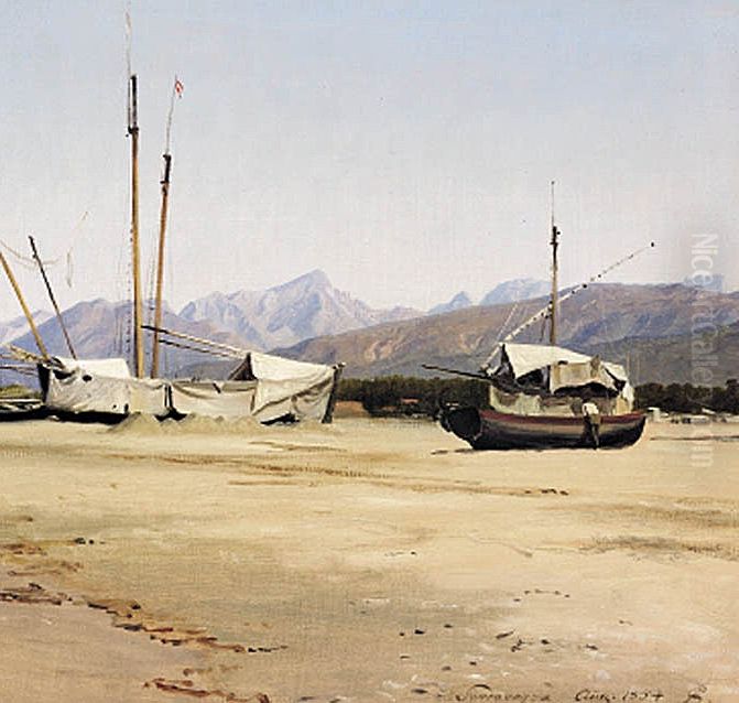 Boats on the beach at Serravezza. Oil Painting by P. C. Skovgaard
