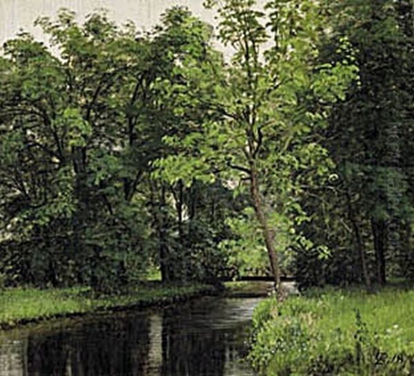Forest scene with a bridge crossing a stream. Oil Painting by P. C. Skovgaard