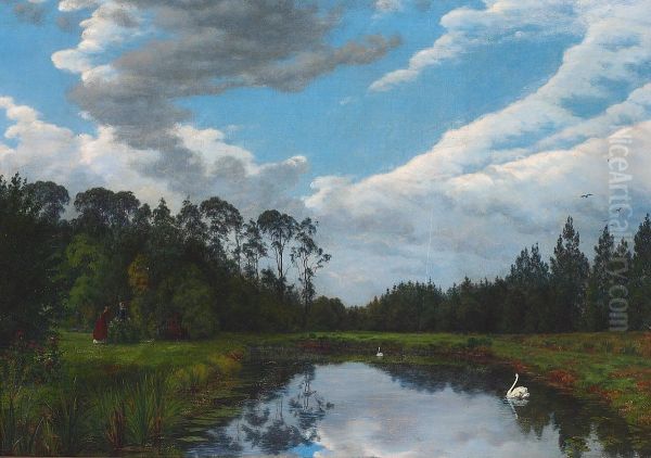 Christine Stampe and Georgia Skovgaard in the park of Nyso mansion. Oil Painting by P. C. Skovgaard