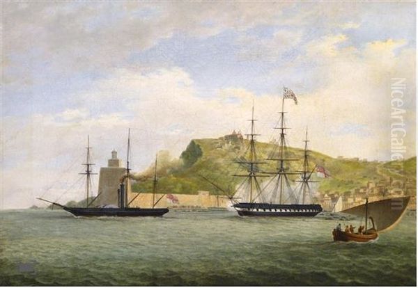 H.M.S. Salamander off la Torre de Hercules at the entrance to the harbour of La Coruna towing a British frigate, flying the flag of the Governor of the port, to sea Oil Painting by Joseph Schranz