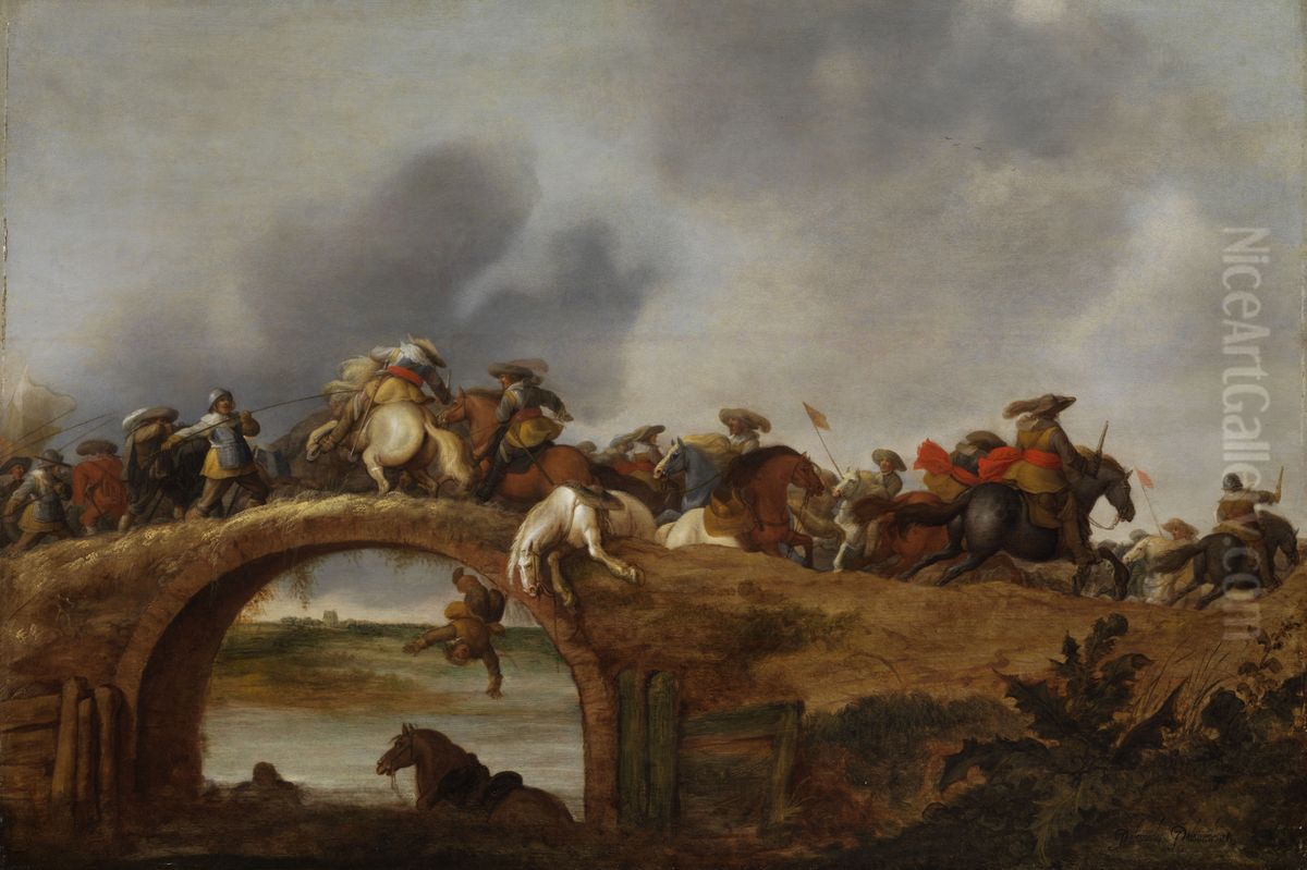 Riders battle on a bridge Oil Painting by Palamedes Palamedesz.