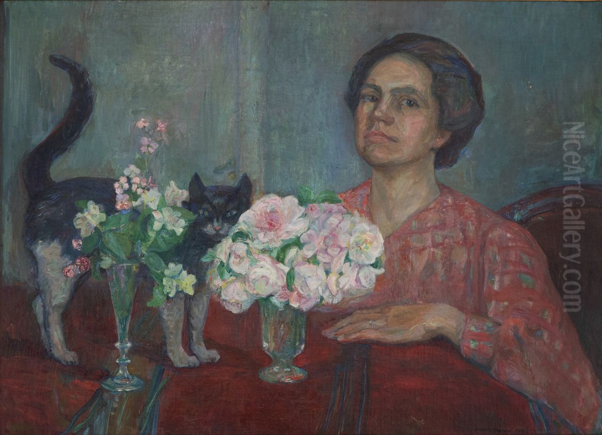 Alice Pihl med roser Oil Painting by Oluf Wold-Torne