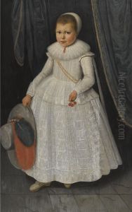 Portrait of a Young Girl, full length, wearing a white lace dress and holding a hat and cherries
