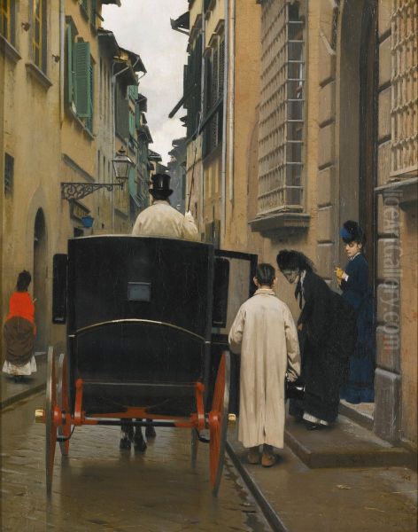 Boarding the Carriage, Rome. Oil Painting by Raffaello Sorbi