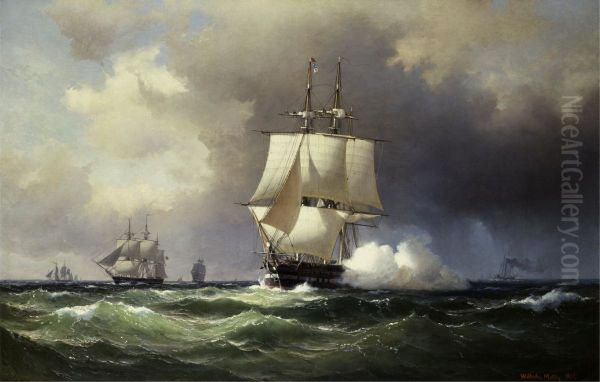 Square Riggers on the Open Sea Oil Painting by Vilhelm Melbye