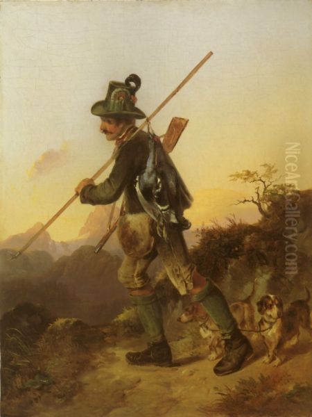Jager mit Birkhahnen oberhalb von Berchtesgaden, im Hintergrund der Watzmann Oil Painting by Matthias Ranftl