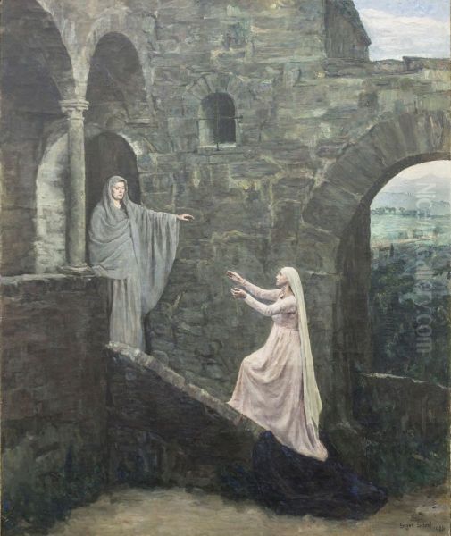 Marias besok hos Elisabeth. Oil Painting by Signe Scheel