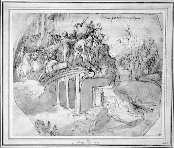 Caesar destroying the bridge at Geneva Oil Painting by Taddeo Zuccari