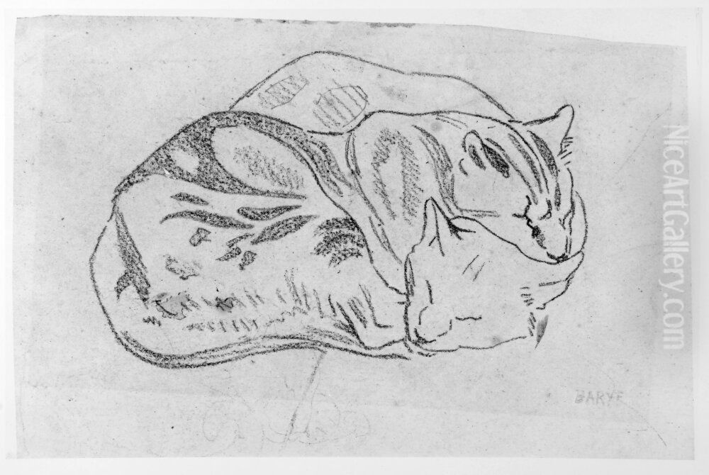 Tva sovande katter Oil Painting by Antoine-louis Barye