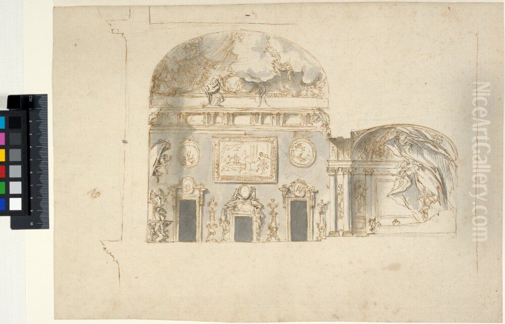 State Bedchamber with Alcove. Section with wall elevation Oil Painting by Nicodemus Tessin the Younger