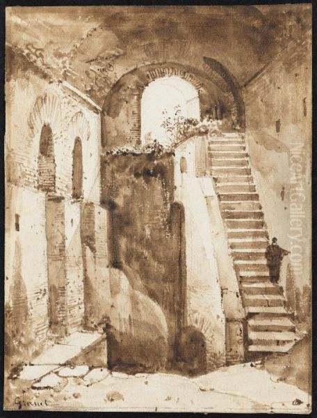 Subterranean, vaulted room with a staircase Oil Painting by Francois Marius Granet