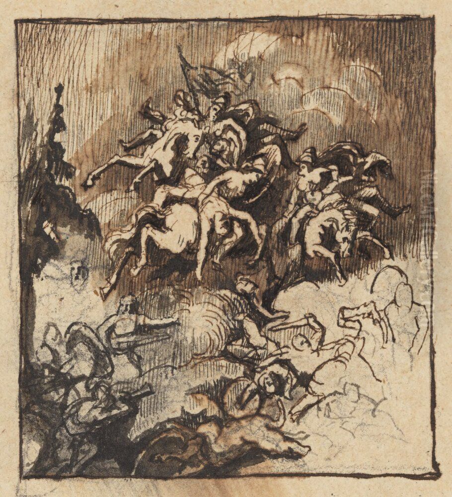 Old Norse Battle Scene with Valkyries Oil Painting by Kilian Christoffer Zoll