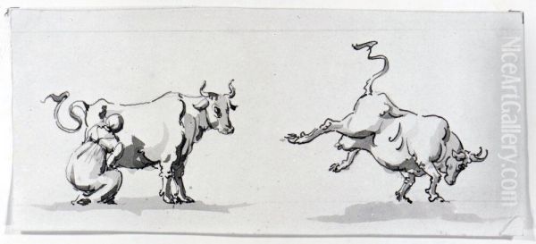 Kor och mjolkerska Oil Painting by Carl August Ehrensvard