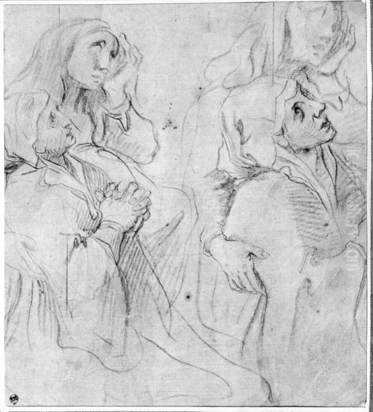 Two kneeling Women, facing right, repeated twice Oil Painting by Francesco Vanni